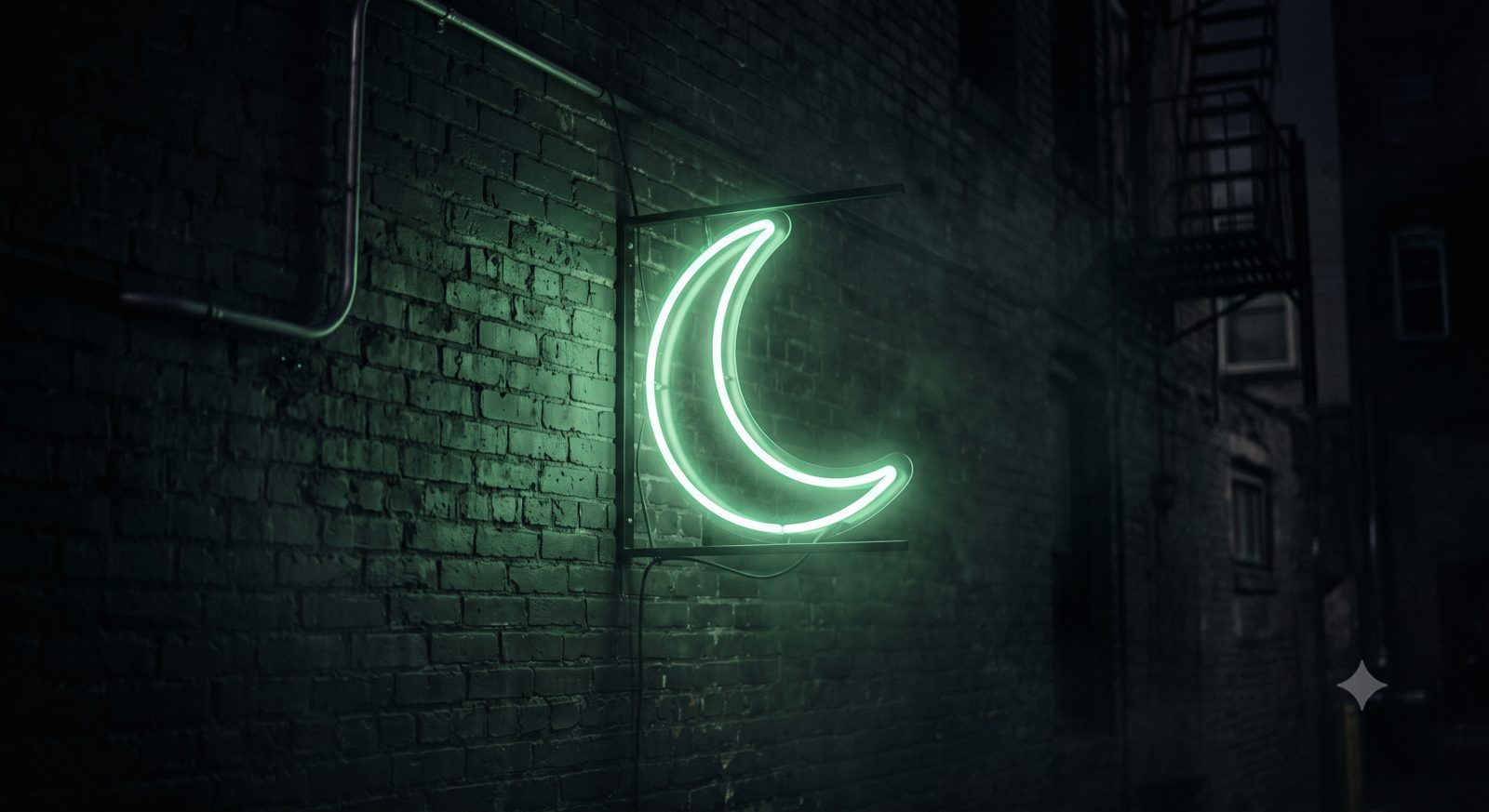 Green neon crescent moon on a dark brick wall